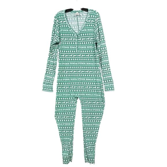 PINK Victoria's Secret Pajama One-piece Womens 2XL Green Fair Isle Dogs Thermal - Picture 1 of 11